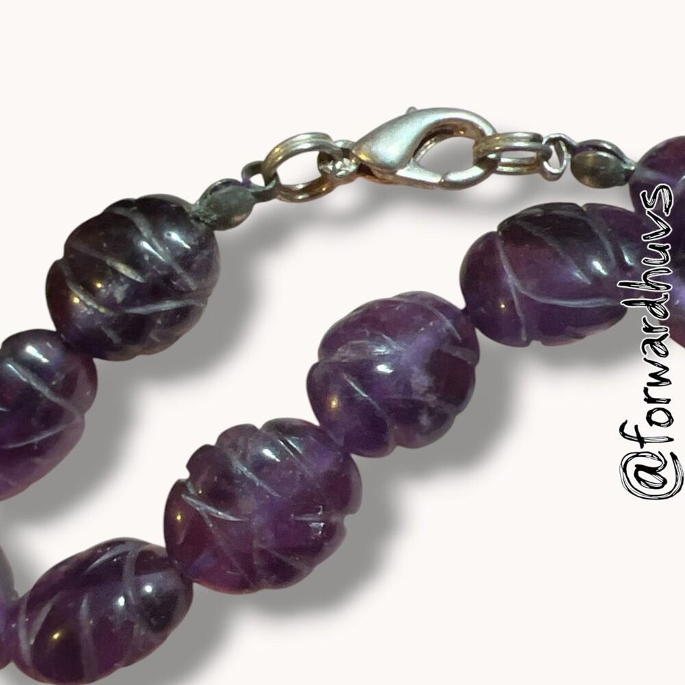 Vintage Carved Amethyst Gemstone Bead Necklace Purple 18” Silver Tone Clasp - Picture 7 of 8
